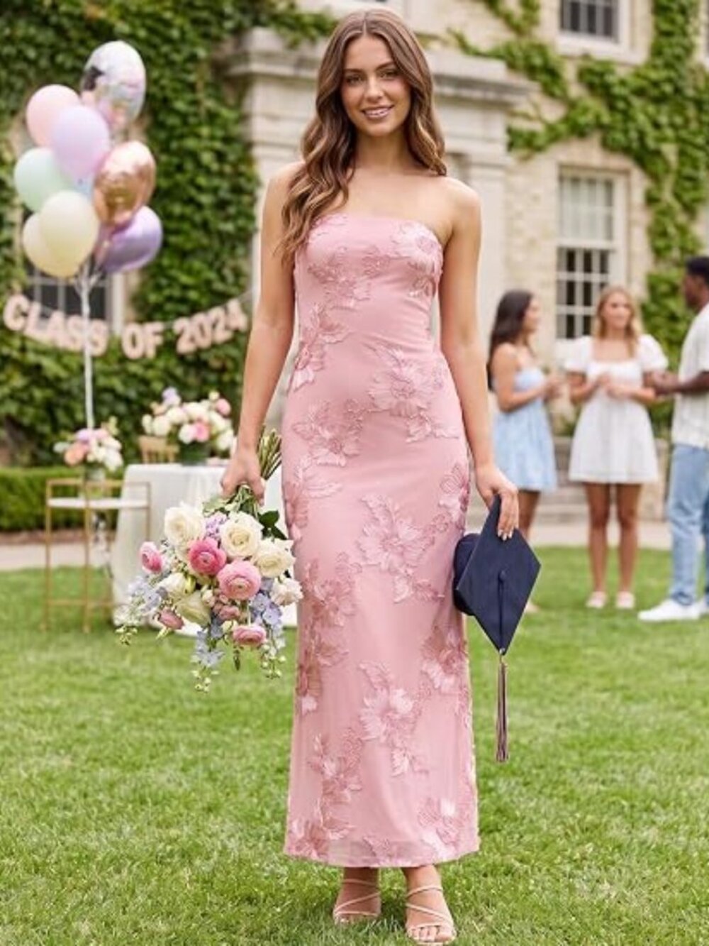 Women's Summer Floral Strapless Mesh Wedding Guest Cocktail Maxi Dress
